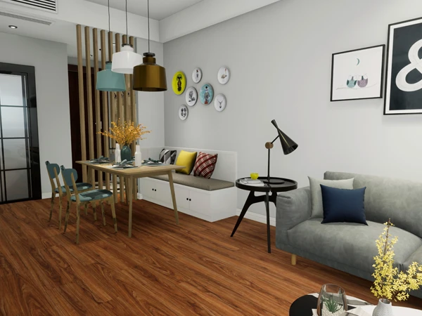 SPC flooring is used in the restaurant of the rental property.