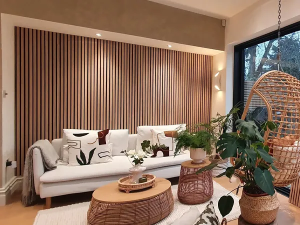Living room wall using acoustic wall panels