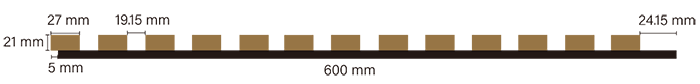 Side view of soundproof wall panels with slat width of 27 mm and spacing of 19.15 mm.
