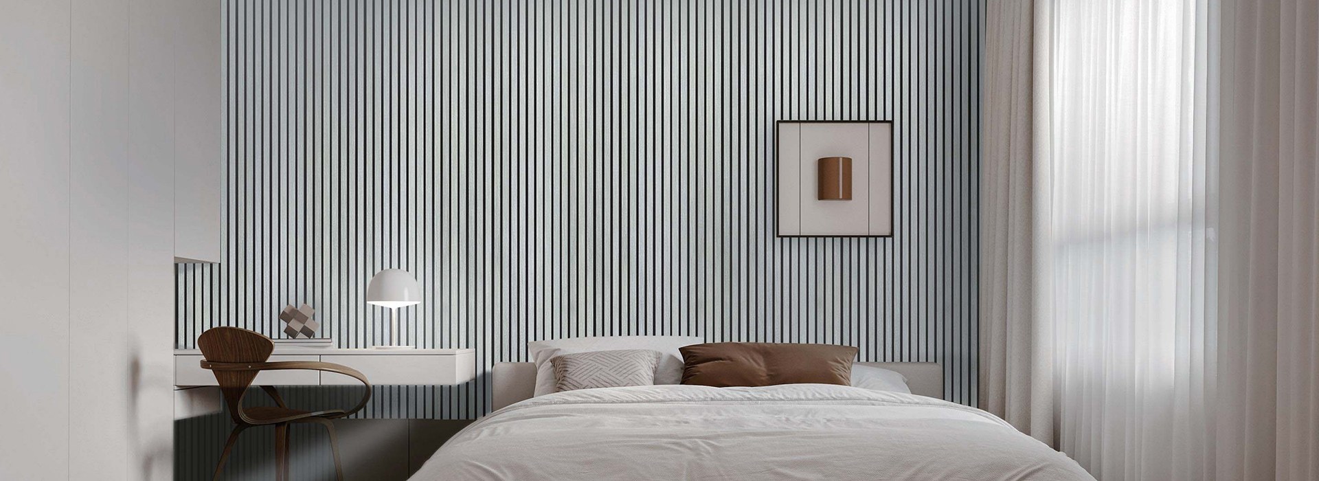 A bedroom with acoustic wall panels used for decoration behind the headboard.