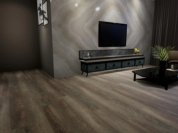Dark LVT flooring in a basement living room
