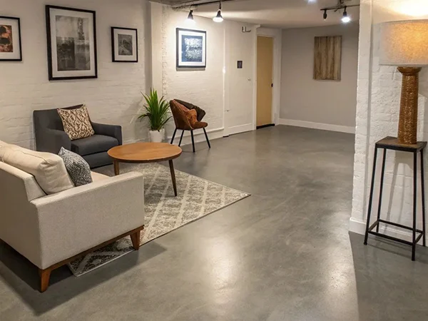 Dark ceramic tile in a basement living room
