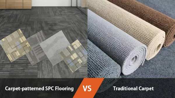 Carpet-patterned SPC flooring vs. traditional carpet comparison