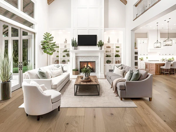 White style building interior uses waterproof engineered hardwood.