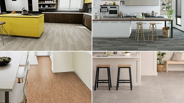 Suelo del SPC, suelo de LVT, suelo del corcho y baldosa cerámica usados en cocinas