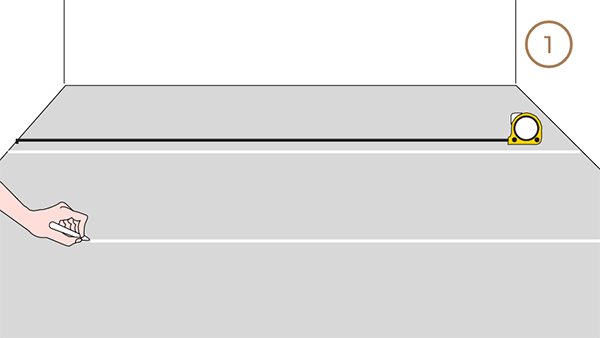 Measuring the width of the ground with a tape measure, a hand drawing a line with chalk.