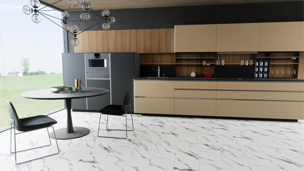 Salón de estilo moderno decorado con suelos de mármol SPC