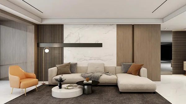 Decoración de la sala de estar con pisos blancos y paneles de pared.