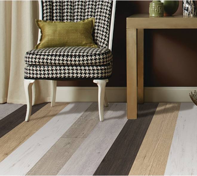 Living room with SPC flooring in various colors