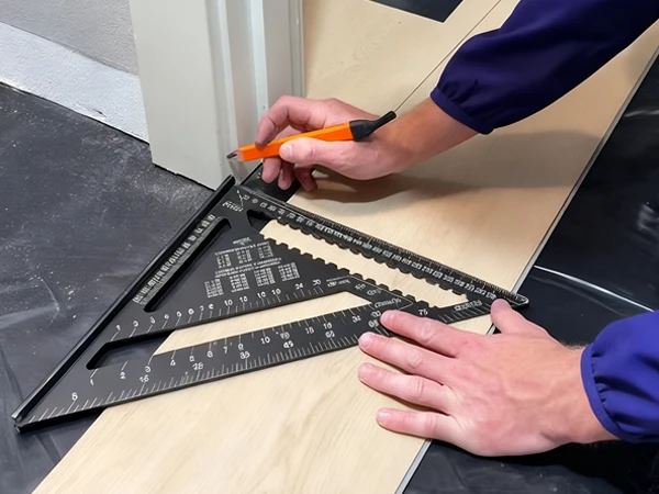 Workers are using tools to mark and cut SPC flooring