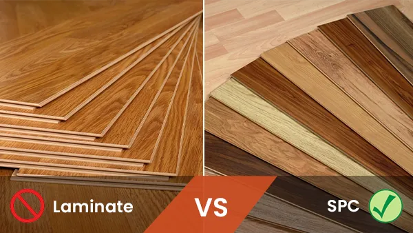 Los pisos laminados apilados uno encima del otro se contrastan con los pisos spc que se desenfundan