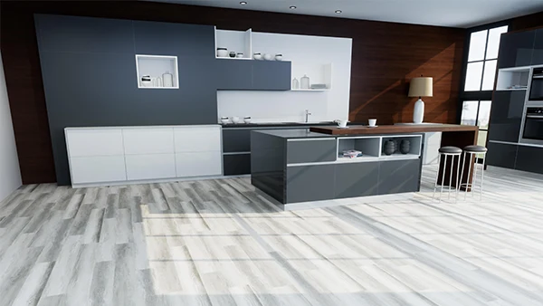 El suelo SPC con acabado reflectante está instalado en la sala de estar.