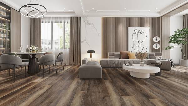 A living room is decorated with SPC flooring and WPC wall panels.