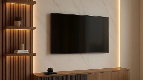 SPC and WPC Wall Panels featuring partial vertical slats and soft integrated lighting.