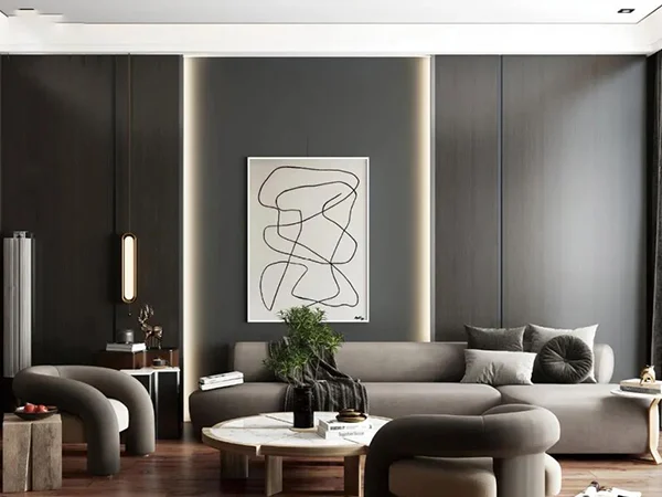 Dark gray wall panels echo the soft furnishings, creating a modern, textured space.