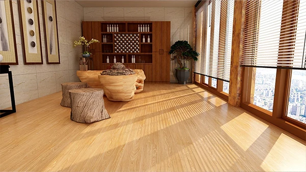 El sol brilla desde el vidrio hasta el suelo SPC